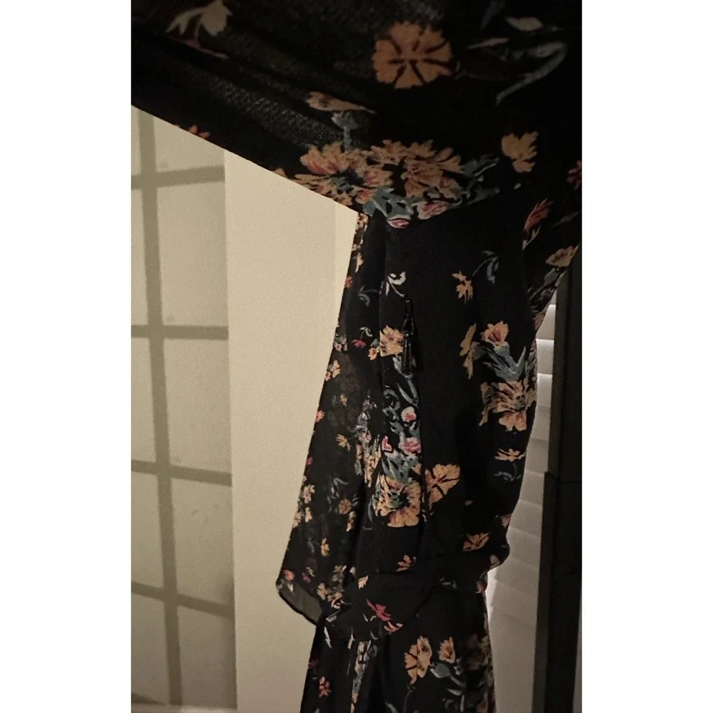 Free People Black Floral Mini Dress Size Small Sheer Boho Bell Sleeve, Waist Tie